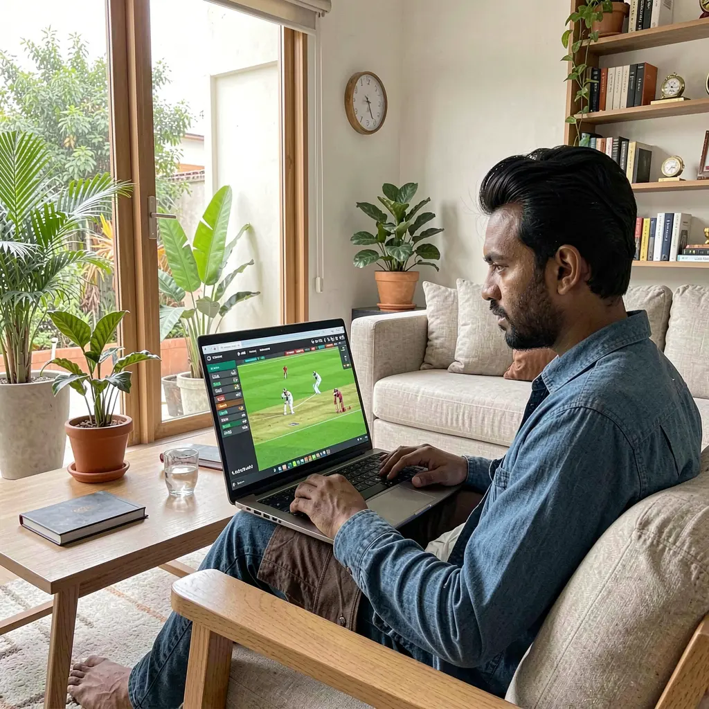 Confident Bangladeshi player placing live cricket bets on a laptop with the QQ777 betting interface while watching a match in a modern living room