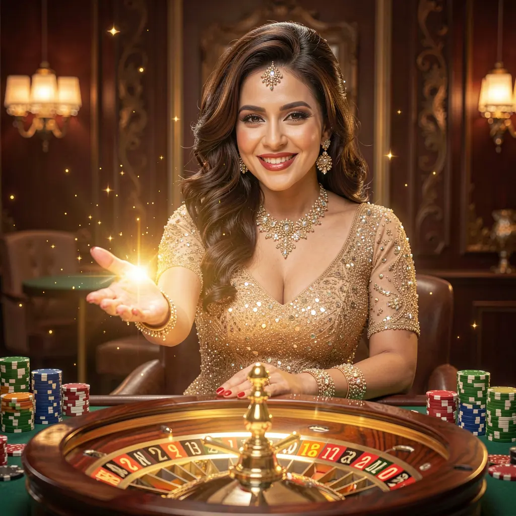 Smiling casino hostess welcoming players to the QQ777 login experience with glowing roulette elements and a premium gaming atmosphere for Bangladesh